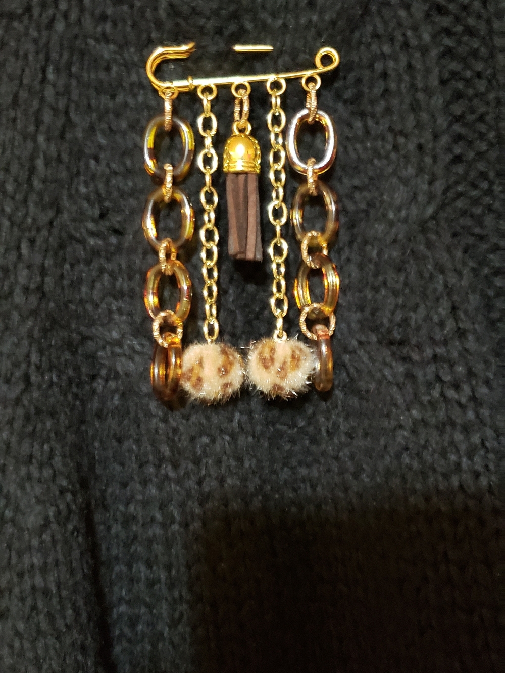 Gold Tone Brown Tassel & Fur Charm Brooch Pin